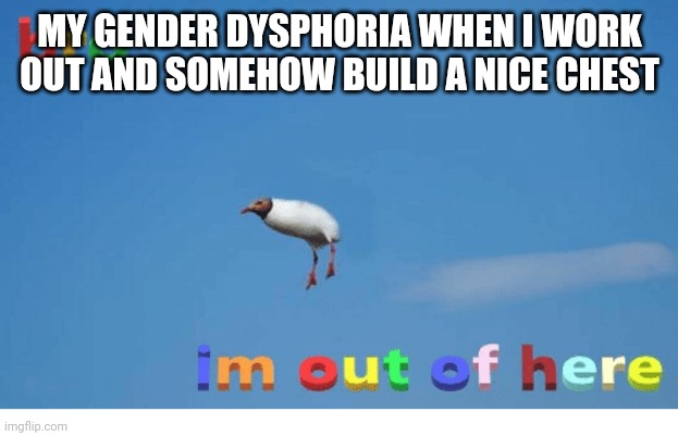 Bro I'm out of here | MY GENDER DYSPHORIA WHEN I WORK OUT AND SOMEHOW BUILD A NICE CHEST | image tagged in bro i'm out of here | made w/ Imgflip meme maker