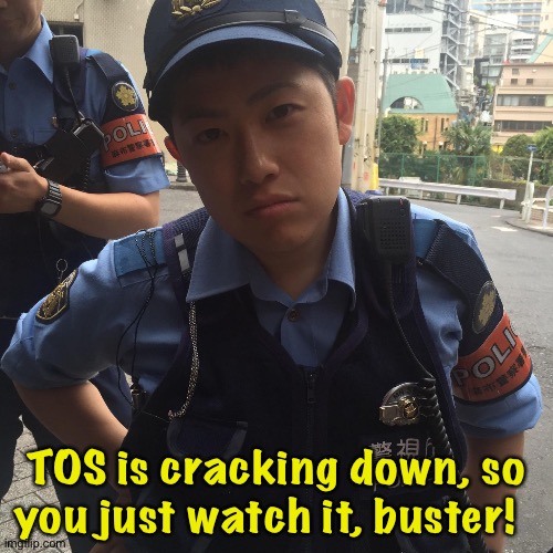 But all my JAV girls covered up! | TOS is cracking down, so you just watch it, buster! | image tagged in roppongi tokyo japan angry police officer or cop | made w/ Imgflip meme maker