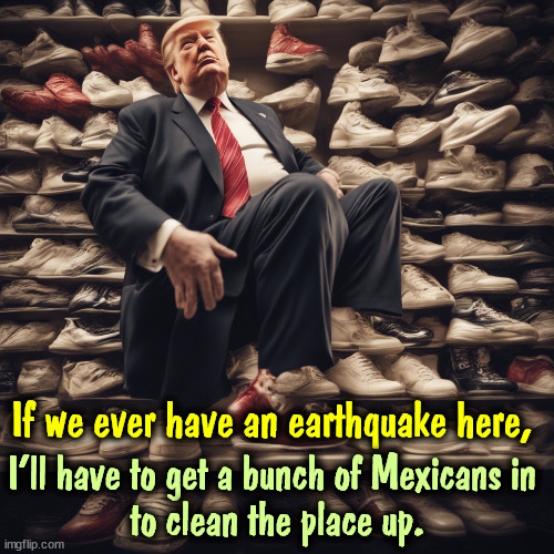 If we ever have an earthquake here, I'll have to get a bunch of Mexicans in 
to clean the place up. | image tagged in trump,shoe,salesman,mexico,illegal immigration | made w/ Imgflip meme maker