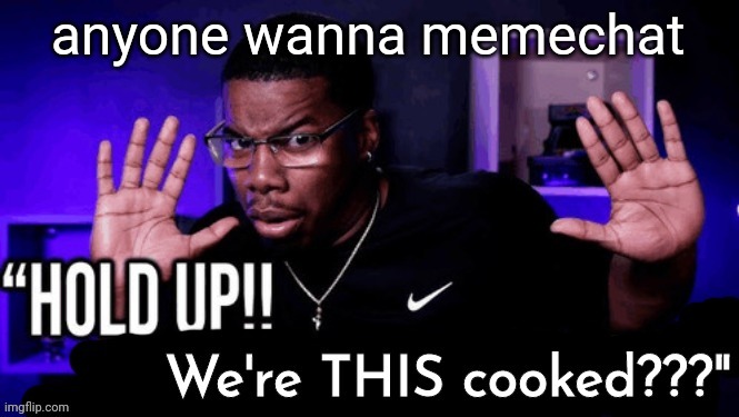 hold up. we're THIS cooked??? | anyone wanna memechat | image tagged in hold up we're this cooked | made w/ Imgflip meme maker