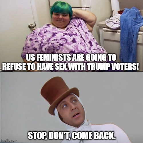 Yes, that's right "ladies." Do teach us Trump voters a lesson. It's going to be hard, but somehow we'll have to tough it out. | US FEMINISTS ARE GOING TO REFUSE TO HAVE SEX WITH TRUMP VOTERS! STOP, DON'T, COME BACK. | image tagged in donald trump,gop,democrats,politics,i need feminism because | made w/ Imgflip meme maker