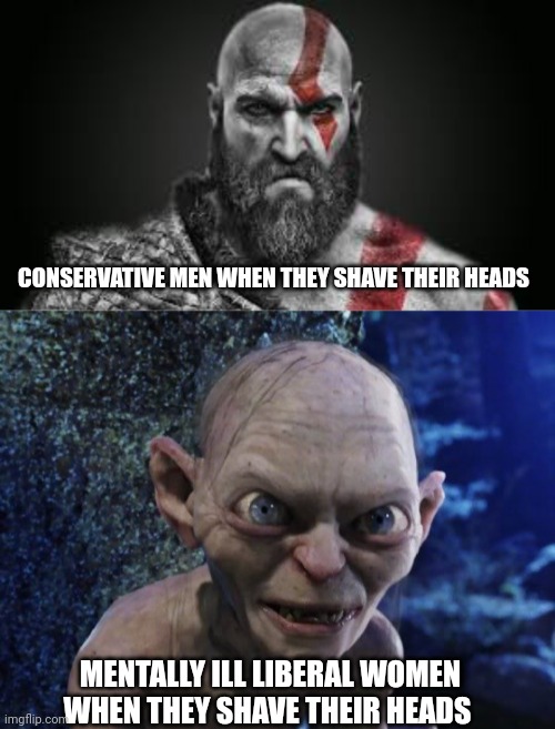 liberal memes | CONSERVATIVE MEN WHEN THEY SHAVE THEIR HEADS; MENTALLY ILL LIBERAL WOMEN WHEN THEY SHAVE THEIR HEADS | image tagged in angry gollum | made w/ Imgflip meme maker