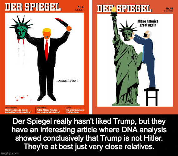 Both sides want America to be great.  Isn't that weird? | Der Spiegel really hasn't liked Trump, but they
have an interesting article where DNA analysis
showed conclusively that Trump is not Hitler.
They're at best just very close relatives. | image tagged in memes,der spiegel,der trump | made w/ Imgflip meme maker