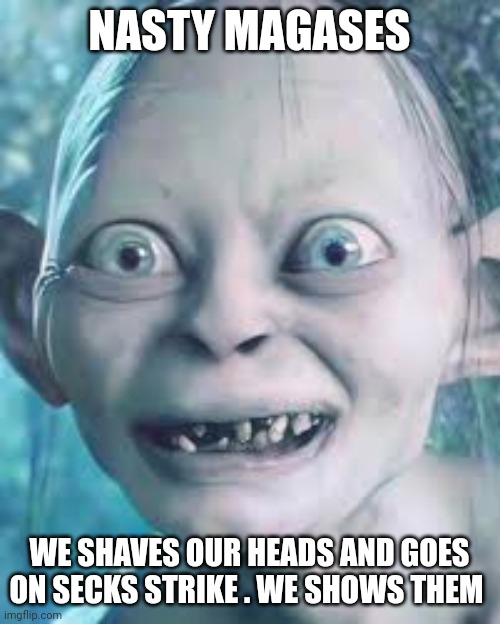 liberal memes | NASTY MAGASES; WE SHAVES OUR HEADS AND GOES ON SECKS STRIKE . WE SHOWS THEM | image tagged in liberal logic | made w/ Imgflip meme maker