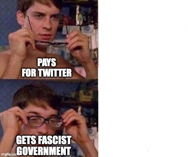 Pays for Twitter | PAYS
FOR TWITTER; GETS FASCIST
GOVERNMENT | image tagged in spiderman glasses | made w/ Imgflip meme maker