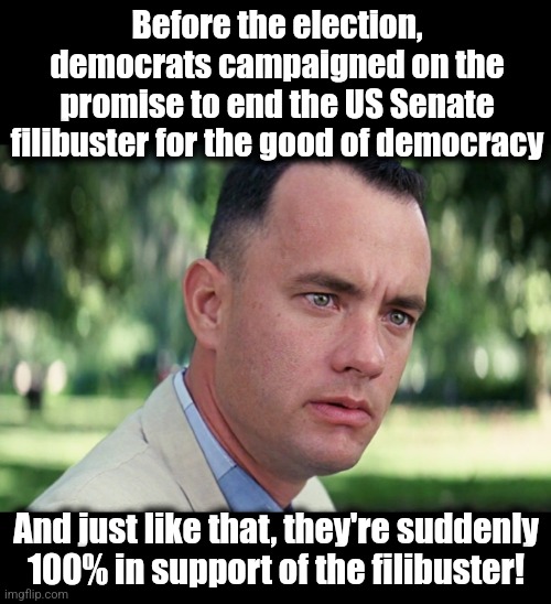 democrats lost the US Senate, so one of their so-called principles went right the window | Before the election, democrats campaigned on the promise to end the US Senate filibuster for the good of democracy; And just like that, they're suddenly
100% in support of the filibuster! | image tagged in memes,and just like that,democrats,senate,filibuster,election 2024 | made w/ Imgflip meme maker