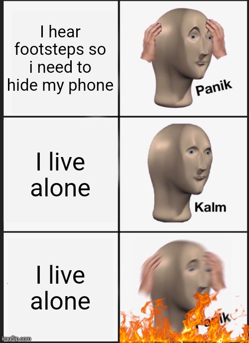 Panik D: | I hear footsteps so i need to hide my phone; I live alone; I live alone | image tagged in memes,panik kalm panik | made w/ Imgflip meme maker