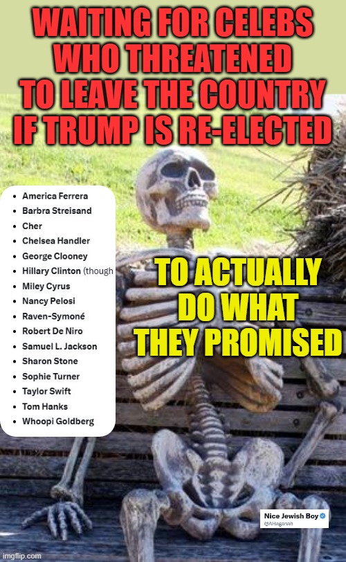 How long must we wait? | WAITING FOR CELEBS WHO THREATENED TO LEAVE THE COUNTRY IF TRUMP IS RE-ELECTED; TO ACTUALLY DO WHAT THEY PROMISED | image tagged in waiting skeleton,donald trump,celebrities | made w/ Imgflip meme maker