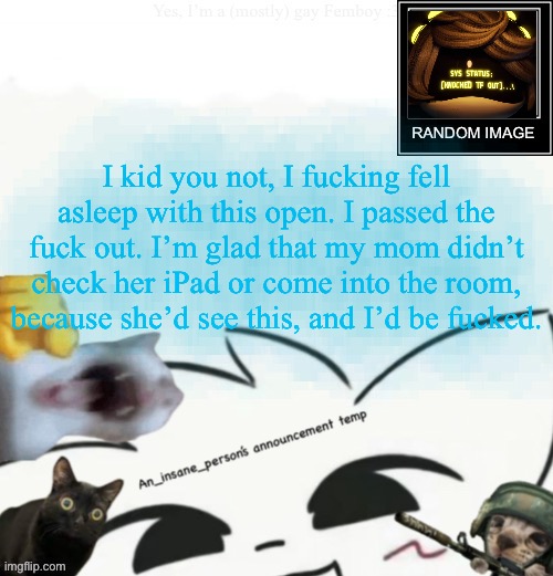 My lil announcement | I kid you not, I fucking fell asleep with this open. I passed the fuck out. I’m glad that my mom didn’t check her iPad or come into the room, because she’d see this, and I’d be fucked. | image tagged in my lil announcement | made w/ Imgflip meme maker