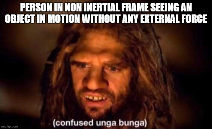 Confused Unga Bunga | PERSON IN NON INERTIAL FRAME SEEING AN OBJECT IN MOTION WITHOUT ANY EXTERNAL FORCE | image tagged in confused unga bunga | made w/ Imgflip meme maker