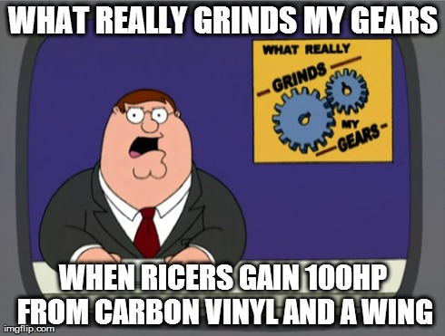 Peter Griffin News Meme | WHAT REALLY GRINDS MY GEARS WHEN RICERS GAIN 100HP FROM CARBON VINYL AND A WING | image tagged in memes,peter griffin news | made w/ Imgflip meme maker