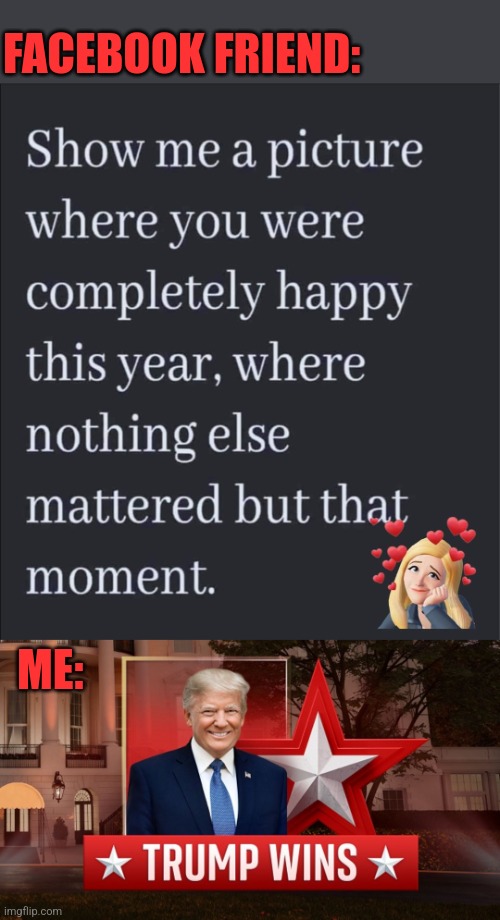 Your happiest 2024 Moment | FACEBOOK FRIEND:; ME: | image tagged in happiness,trump,winning,election | made w/ Imgflip meme maker