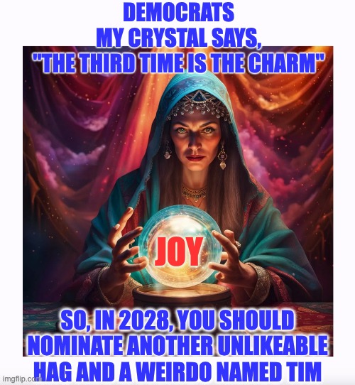 DEMOCRATS
MY CRYSTAL SAYS,
"THE THIRD TIME IS THE CHARM"; JOY; SO, IN 2028, YOU SHOULD NOMINATE ANOTHER UNLIKEABLE HAG AND A WEIRDO NAMED TIM | image tagged in fortune teller,see your future | made w/ Imgflip meme maker