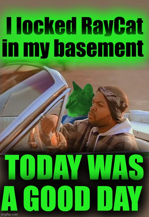 RayCat is alive and well | I locked RayCat in my basement; TODAY WAS A GOOD DAY | image tagged in driving raycat,ice cube,dr dre,rap,rap cat | made w/ Imgflip meme maker