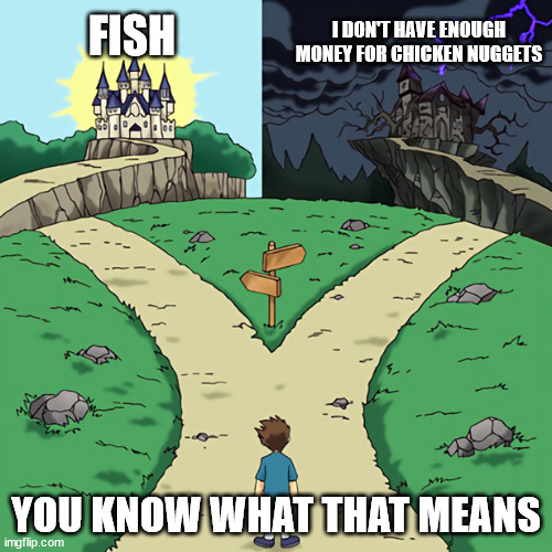 You know what that means! | I DON'T HAVE ENOUGH MONEY FOR CHICKEN NUGGETS; FISH; YOU KNOW WHAT THAT MEANS | image tagged in good vs evil path | made w/ Imgflip meme maker