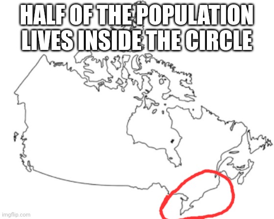 canada map | HALF OF THE POPULATION LIVES INSIDE THE CIRCLE | image tagged in canada map | made w/ Imgflip meme maker