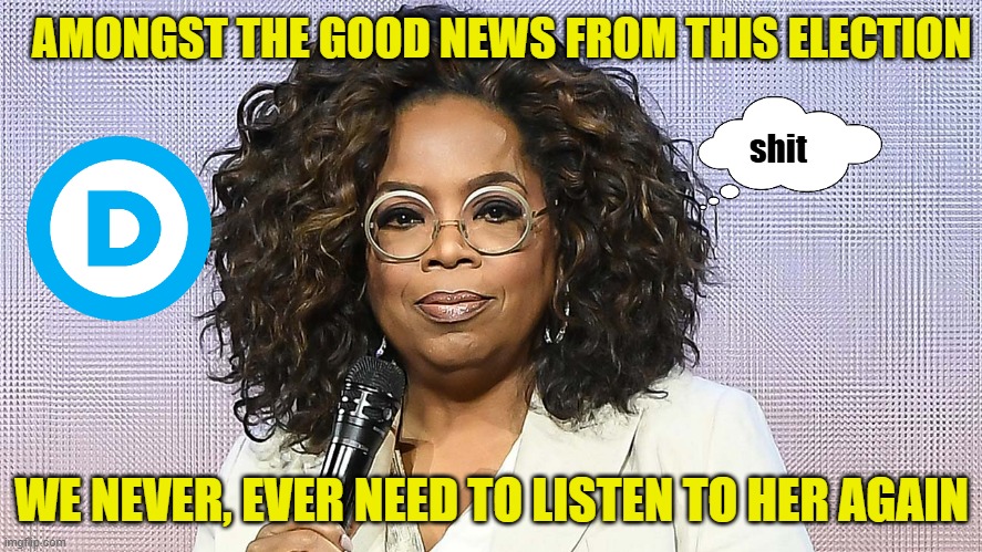 Woke Elite 01 | AMONGST THE GOOD NEWS FROM THIS ELECTION; shit; WE NEVER, EVER NEED TO LISTEN TO HER AGAIN | image tagged in oprah,democrat,liberals,woke,leftists,kamla harrison | made w/ Imgflip meme maker