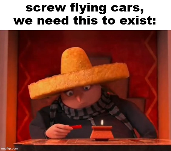 it looks so good though | screw flying cars, we need this to exist: | image tagged in gru chip hat,gru,despicable me,flying car,chips,hat | made w/ Imgflip meme maker