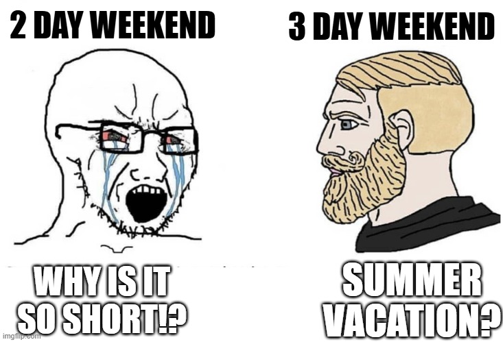 Soyboy Vs Yes Chad | 3 DAY WEEKEND; 2 DAY WEEKEND; WHY IS IT SO SHORT!? SUMMER VACATION? | image tagged in soyboy vs yes chad | made w/ Imgflip meme maker