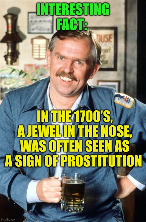 Why is this imitated? | INTERESTING FACT:; IN THE 1700’S, A JEWEL IN THE NOSE, WAS OFTEN SEEN AS A SIGN OF PROSTITUTION | image tagged in here s a little known fact,history,jewelry,prostitution,trivia crack | made w/ Imgflip meme maker