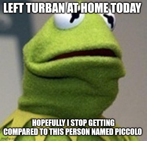 Kermit The Frog | LEFT TURBAN AT HOME TODAY; HOPEFULLY I STOP GETTING COMPARED TO THIS PERSON NAMED PICCOLO | image tagged in kermit the frog | made w/ Imgflip meme maker