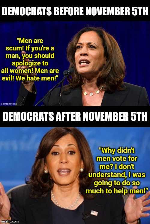 Democrats, your anti-man hysteria cost you dearly. And you will not learn anything as you double down on stupid! | DEMOCRATS BEFORE NOVEMBER 5TH; "Men are scum! If you're a man, you should apologize to all women! Men are evil! We hate men!"; DEMOCRATS AFTER NOVEMBER 5TH; "Why didn't men vote for me? I don't understand, I was going to do so much to help men!" | image tagged in kamala harris,mental illness,liberal hypocrisy,men vs women,insanity,liberal logic | made w/ Imgflip meme maker