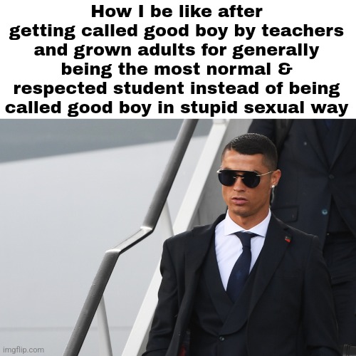 I grind | How I be like after getting called good boy by teachers and grown adults for generally being the most normal & respected student instead of being called good boy in stupid sexual way | image tagged in cristiano ronaldo honest reaction/chad | made w/ Imgflip meme maker