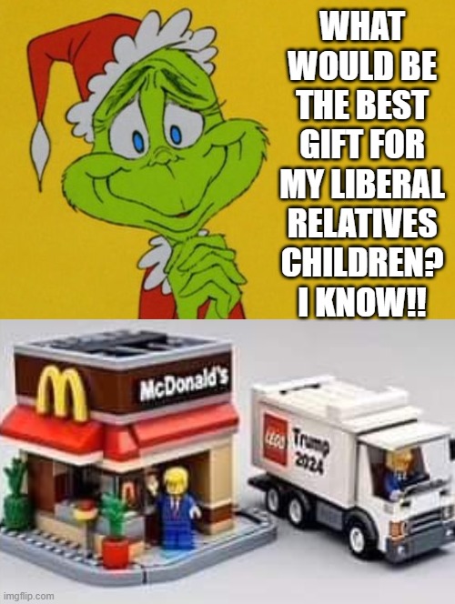 Best gift for your relatives children? | WHAT WOULD BE THE BEST GIFT FOR MY LIBERAL RELATIVES CHILDREN? I KNOW!! | image tagged in santa claus,good grinch | made w/ Imgflip meme maker