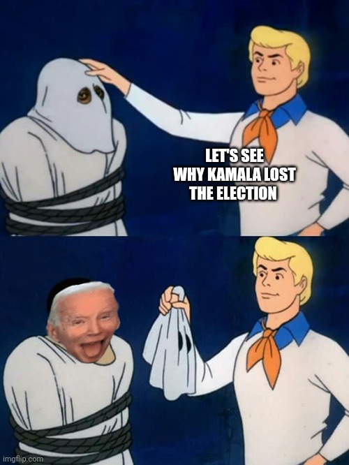 Scooby doo mask reveal | LET'S SEE WHY KAMALA LOST THE ELECTION | image tagged in scooby doo mask reveal | made w/ Imgflip meme maker