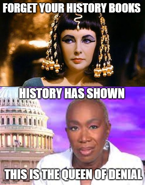 FORGET YOUR HISTORY BOOKS; HISTORY HAS SHOWN; THIS IS THE QUEEN OF DENIAL | image tagged in cleopatra,joy reid show | made w/ Imgflip meme maker