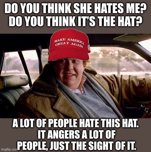 Do you think it’s the hat | DO YOU THINK SHE HATES ME? 
DO YOU THINK IT’S THE HAT? A LOT OF PEOPLE HATE THIS HAT. 
IT ANGERS A LOT OF PEOPLE, JUST THE SIGHT OF IT. | image tagged in uncle buck,maga | made w/ Imgflip meme maker