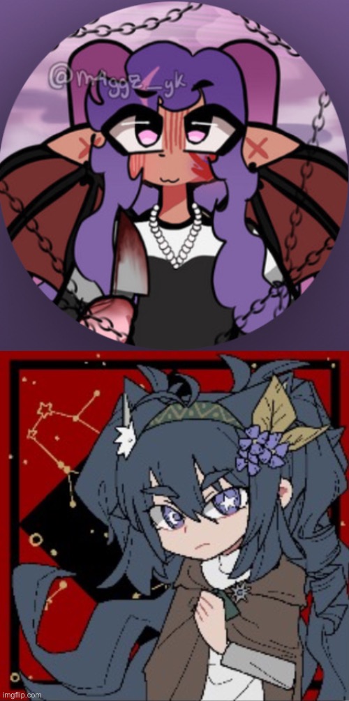 Tw: Vika has blood on her | Veruika (top) and Miyaro (bottom) :3 | image tagged in picrew,bossfight,ocs | made w/ Imgflip meme maker