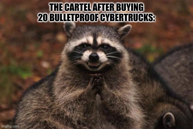 evil genius racoon | THE CARTEL AFTER BUYING 20 BULLETPROOF CYBERTRUCKS: | image tagged in evil genius racoon | made w/ Imgflip meme maker