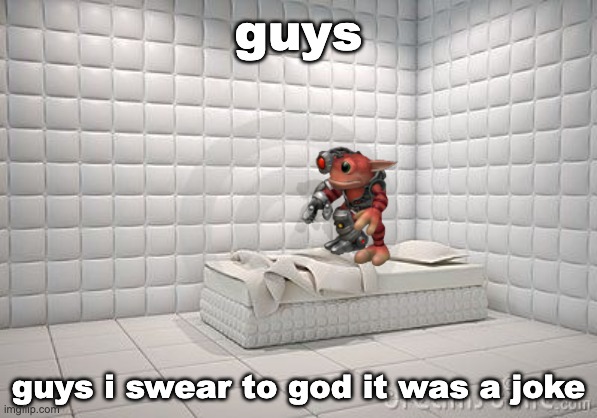 aaaaaaAAAAAAAAA | guys; guys i swear to god it was a joke | image tagged in insane asylum pillow room | made w/ Imgflip meme maker