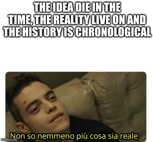 non so nemmeno più cosa sia reale | THE IDEA DIE IN THE TIME, THE REALITY LIVE ON AND THE HISTORY IS CHRONOLOGICAL | image tagged in non so nemmeno pi cosa sia reale | made w/ Imgflip meme maker