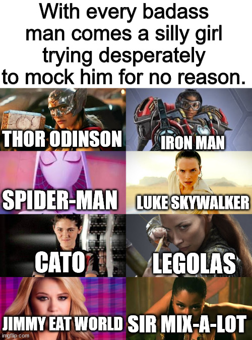 Agree or cry? | With every badass man comes a silly girl trying desperately to mock him for no reason. THOR ODINSON; IRON MAN; SPIDER-MAN; LUKE SKYWALKER; CATO; LEGOLAS; JIMMY EAT WORLD; SIR MIX-A-LOT | image tagged in memes | made w/ Imgflip meme maker