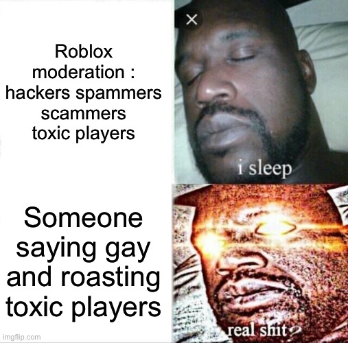 Sleeping Shaq | Roblox moderation : hackers spammers scammers toxic players; Someone saying gay and roasting toxic players | image tagged in memes,sleeping shaq,roblox meme | made w/ Imgflip meme maker