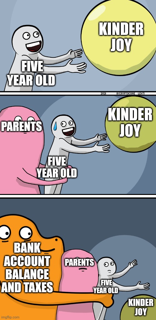 Running Away Balloon 2 | FIVE YEAR OLD KINDER JOY FIVE YEAR OLD KINDER JOY PARENTS FIVE YEAR OLD KINDER JOY PARENTS BANK ACCOUNT BALANCE AND TAXES | image tagged in running away balloon 2 | made w/ Imgflip meme maker