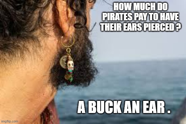 memes by Brad - What does it cost a pirate to pierce an ear ? - humor - | HOW MUCH DO PIRATES PAY TO HAVE THEIR EARS PIERCED ? A BUCK AN EAR . | image tagged in funny,fun,pirate,piercings,money,humor | made w/ Imgflip meme maker