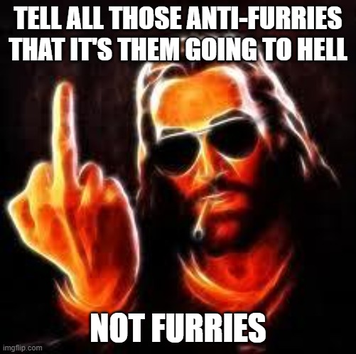 jesus middle finger | TELL ALL THOSE ANTI-FURRIES THAT IT'S THEM GOING TO HELL; NOT FURRIES | image tagged in jesus middle finger | made w/ Imgflip meme maker