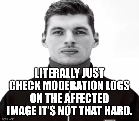 LITERALLY JUST CHECK MODERATION LOGS ON THE AFFECTED IMAGE IT’S NOT THAT HARD. | image tagged in black and white max verstappen | made w/ Imgflip meme maker