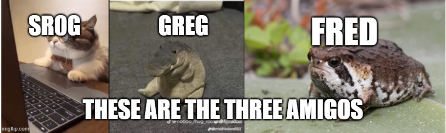 fred greg srog | SR0G                  GREG; FRED; THESE ARE THE THREE AMIGOS | image tagged in fred greg srog | made w/ Imgflip meme maker