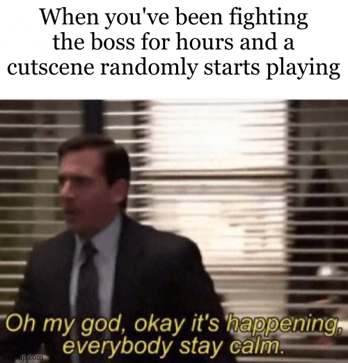 Oh my god,okay it's happening,everybody stay calm | When you've been fighting the boss for hours and a cutscene randomly starts playing | image tagged in oh my god okay it's happening everybody stay calm | made w/ Imgflip meme maker