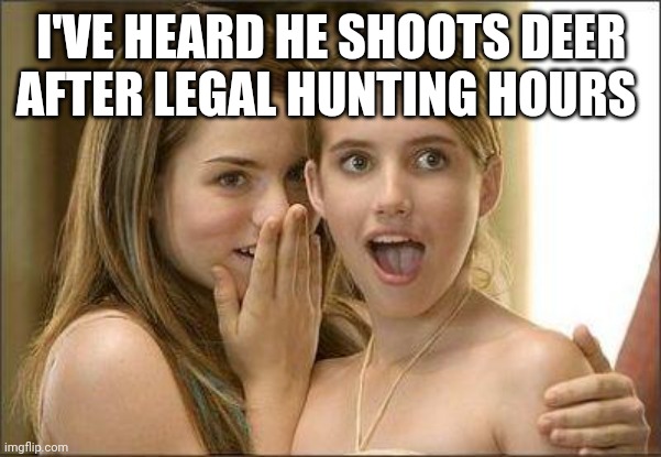 Girls gossiping | I'VE HEARD HE SHOOTS DEER AFTER LEGAL HUNTING HOURS | image tagged in girls gossiping | made w/ Imgflip meme maker