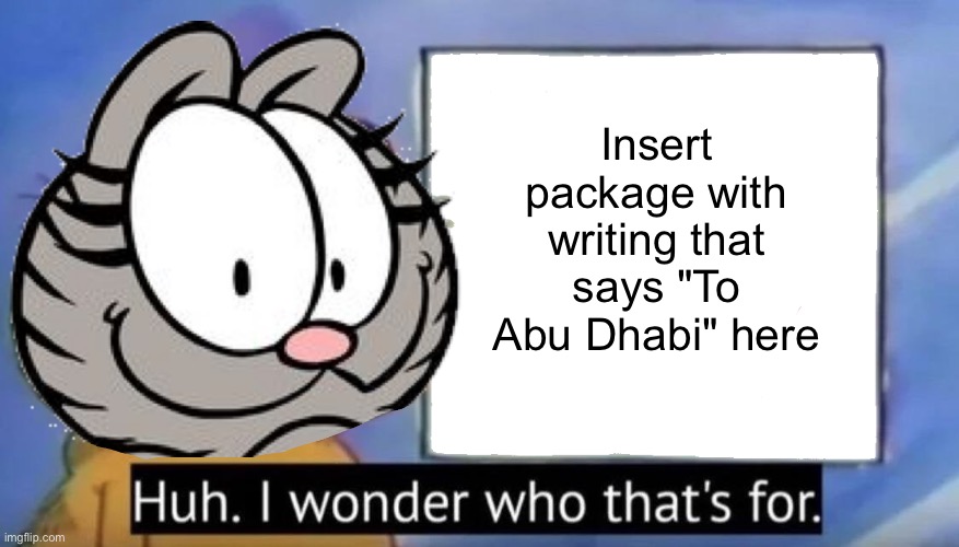 Garfield looking at the sign but I put Nermal's face over Garfield's face | Insert package with writing that says "To Abu Dhabi" here | image tagged in garfield looking at the sign,garfield,nermal | made w/ Imgflip meme maker