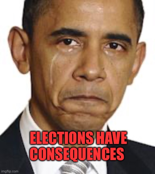 Obama crying | ELECTIONS HAVE CONSEQUENCES | image tagged in obama crying | made w/ Imgflip meme maker