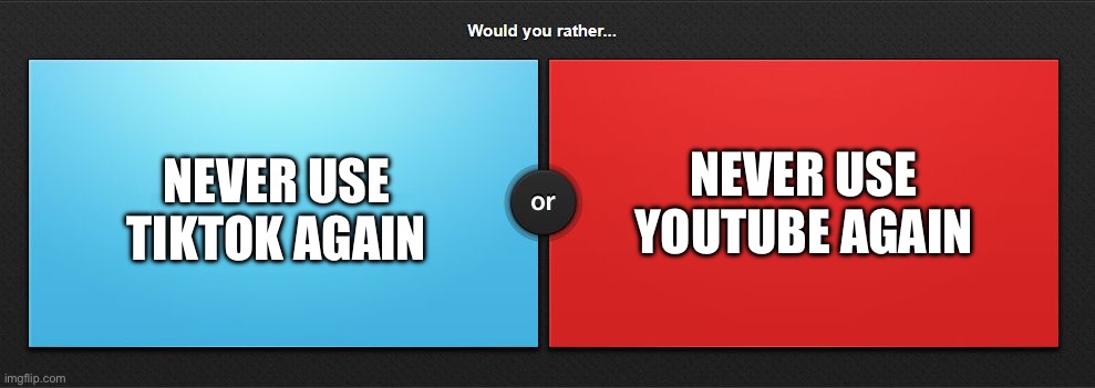 Would you rather | NEVER USE YOUTUBE AGAIN; NEVER USE TIKTOK AGAIN | image tagged in would you rather | made w/ Imgflip meme maker