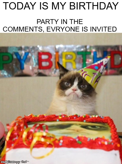 11/10 | PARTY IN THE COMMENTS, EVRYONE IS INVITED; TODAY IS MY BIRTHDAY | image tagged in memes,grumpy cat birthday,grumpy cat,birthday | made w/ Imgflip meme maker