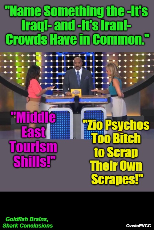 Goldfish Brains, Shark Conclusions | "Name Something the -It's 

Iraq!- and -It's Iran!- 

Crowds Have in Common."; "Middle 

East 

Tourism 

Shills!"; "Zio Psychos 

Too Bitch 

to Scrap 

Their Own 

Scrapes!"; Goldfish Brains, 

Shark Conclusions; OzwinEVCG | image tagged in political humor,short memory,easy prey,war by deception,msm lies,government corruption | made w/ Imgflip meme maker