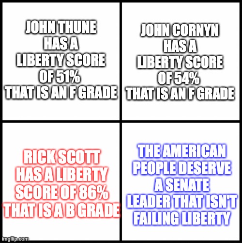 blank drake format | JOHN THUNE HAS A LIBERTY SCORE OF 51% 
THAT IS AN F GRADE; JOHN CORNYN HAS A LIBERTY SCORE OF 54% 
THAT IS AN F GRADE; RICK SCOTT HAS A LIBERTY SCORE OF 86% THAT IS A B GRADE; THE AMERICAN PEOPLE DESERVE A SENATE LEADER THAT ISN'T FAILING LIBERTY | image tagged in blank drake format | made w/ Imgflip meme maker